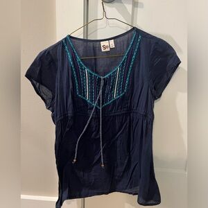 SO Brand Cinched Waist Navy Peasant Top with Embroidered Detail